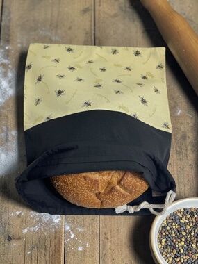Yellow Bumblebee Cotton Bread Bag with Black Top, Reusable Sourdough Storage